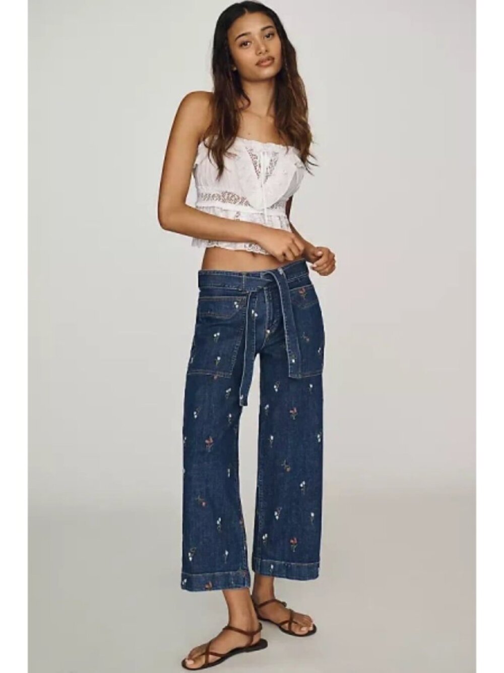 Pilcro Low Rise Crop Wide-Leg Belted Jeans Blue Floral Embroidered